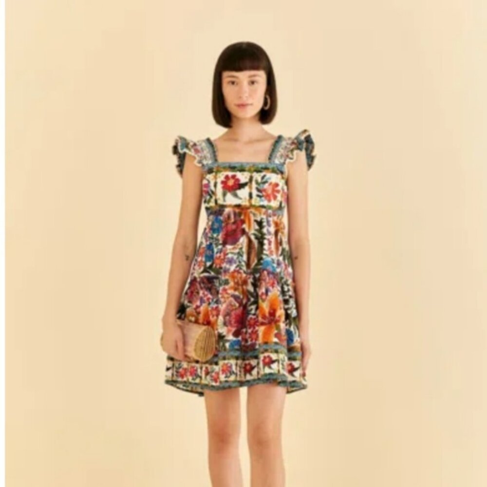 NWT FARM RIO ACTIVE Off-white Tropical Yard Sleeveless Mini Dress SIZE M